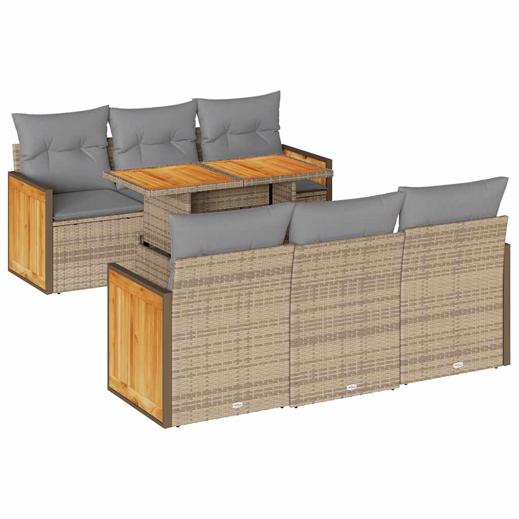 7-tlg. Garten-Sofagarnitur mit Kissen Beige Poly Rattan Akazie