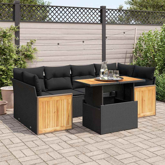 7-tlg. Garten-Sofagarnitur mit Kissen Schwarz Poly Rattan