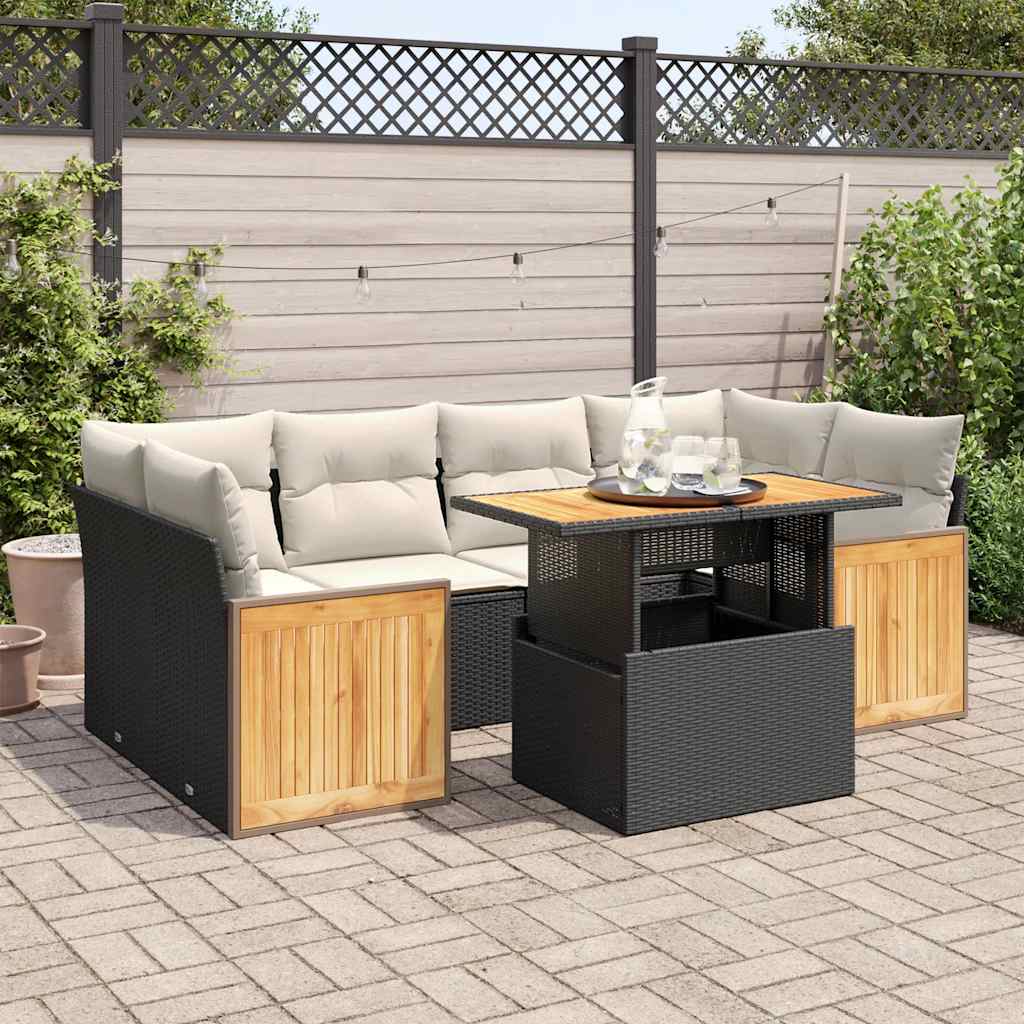 7-tlg. Garten-Sofagarnitur mit Kissen Schwarz Poly Rattan