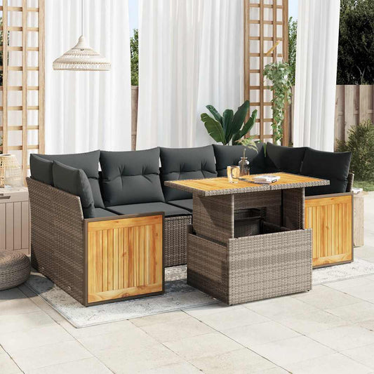 7-tlg. Garten-Sofagarnitur mit Kissen Grau Poly Rattan Akazie