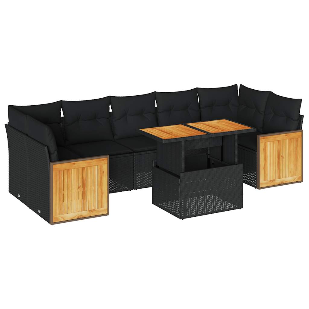 8-tlg. Garten-Sofagarnitur mit Kissen Schwarz Poly Rattan