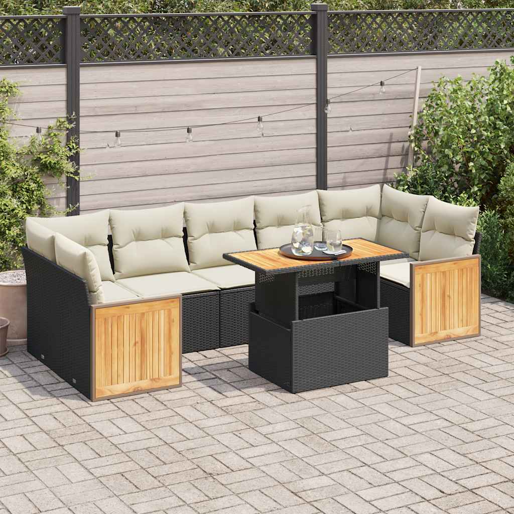 8-tlg. Garten-Sofagarnitur mit Kissen Schwarz Poly Rattan