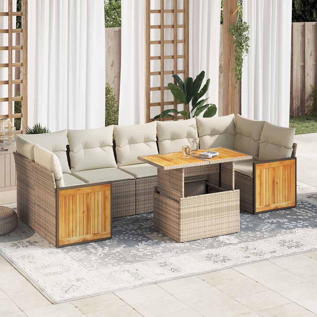 8-tlg. Garten-Sofagarnitur mit Kissen Beige Poly Rattan Akazie