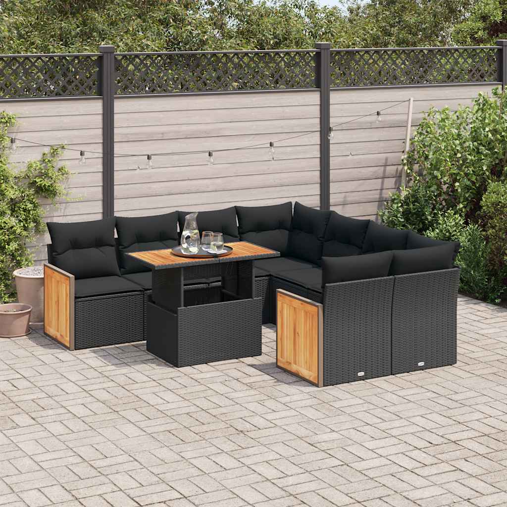 9-tlg. Garten-Sofagarnitur mit Kissen Schwarz Poly Rattan