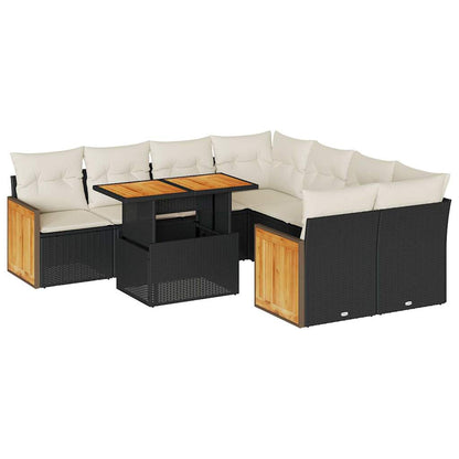 9-tlg. Garten-Sofagarnitur mit Kissen Schwarz Poly Rattan