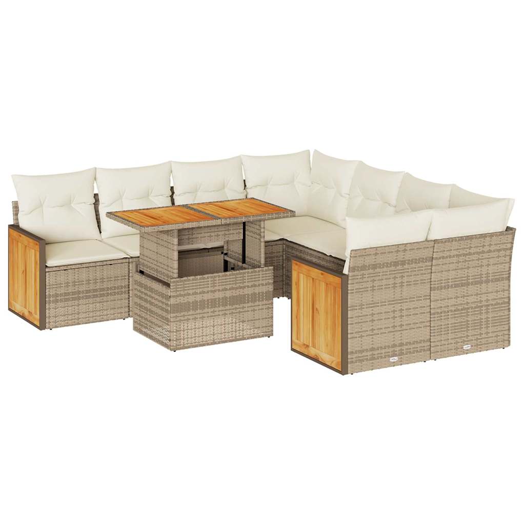 9-tlg. Garten-Sofagarnitur mit Kissen Beige Poly Rattan Akazie