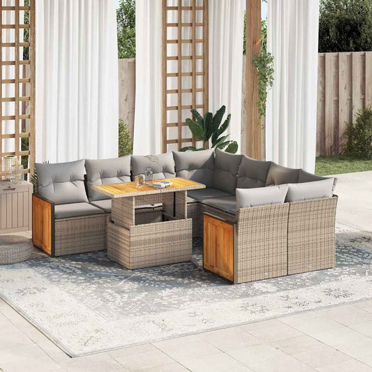 9-tlg. Garten-Sofagarnitur mit Kissen Beige Poly Rattan Akazie