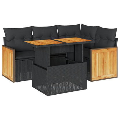 5tlg. Garten-Sofagarnitur mit Kissen Schwarz Poly Rattan Akazie