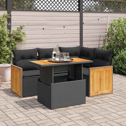 5tlg. Garten-Sofagarnitur mit Kissen Schwarz Poly Rattan Akazie