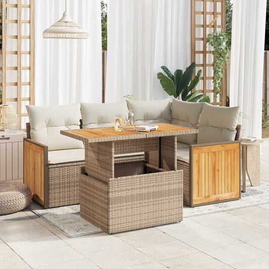 5-tlg. Garten-Sofagarnitur mit Kissen Beige Poly Rattan Akazie