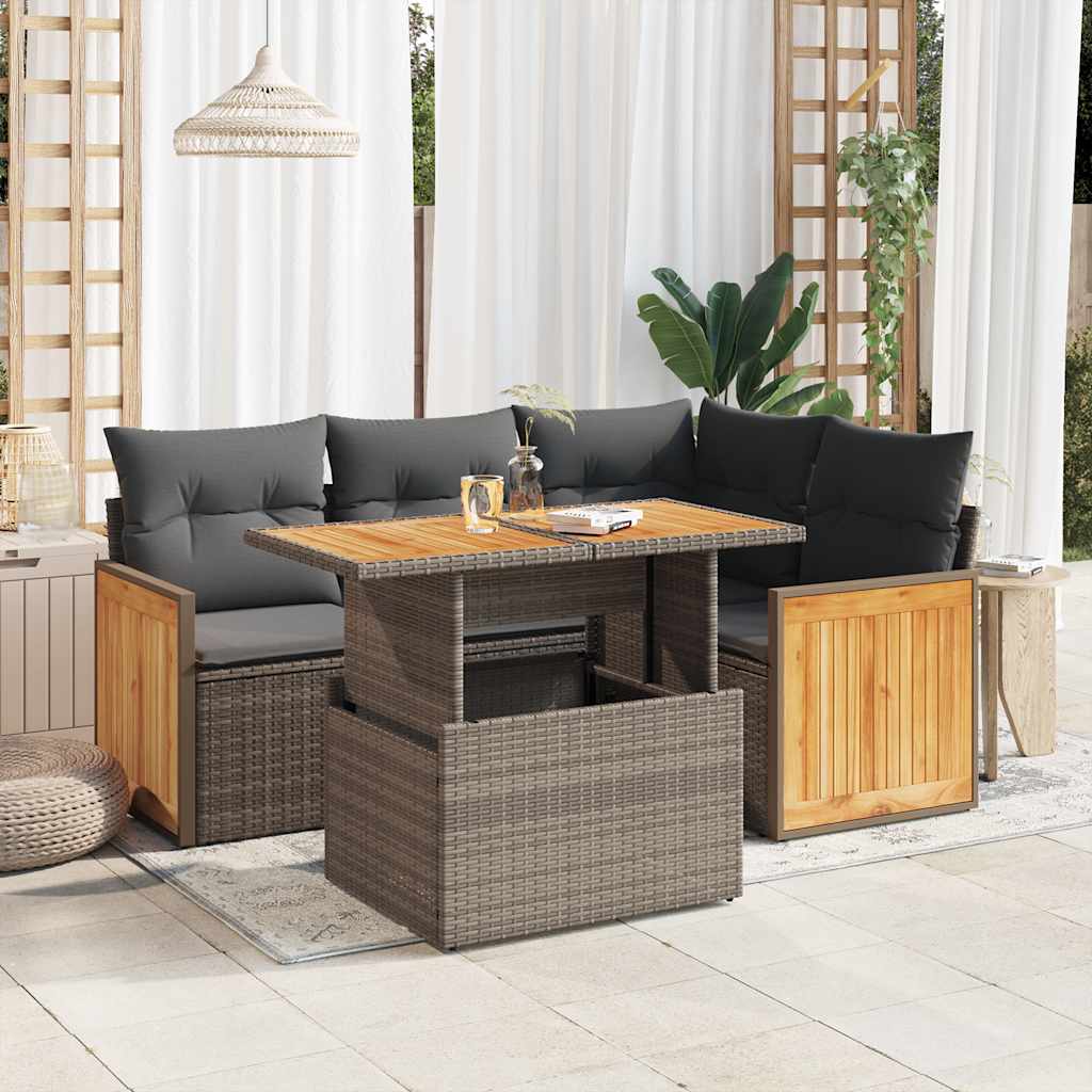 5-tlg. Garten-Sofagarnitur mit Kissen Grau Poly Rattan Akazie