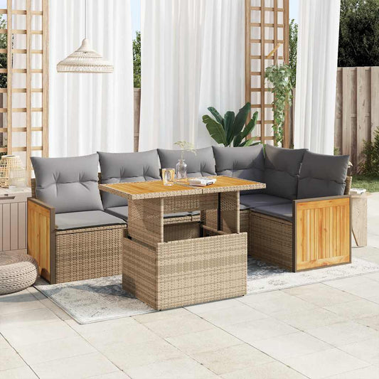 6-tlg. Garten-Sofagarnitur mit Kissen Beige Poly Rattan Akazie