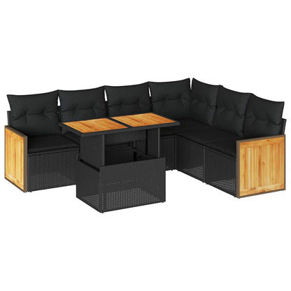 7-tlg. Garten-Sofagarnitur mit Kissen Schwarz Poly Rattan