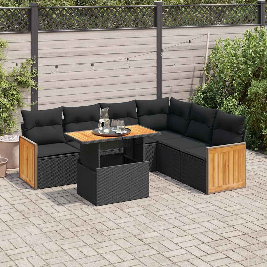 7-tlg. Garten-Sofagarnitur mit Kissen Schwarz Poly Rattan