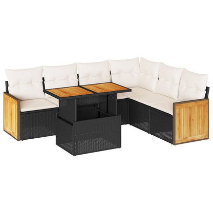 7-tlg. Garten-Sofagarnitur mit Kissen Schwarz Poly Rattan