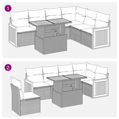 7-tlg. Garten-Sofagarnitur mit Kissen Grau Poly Rattan Akazie