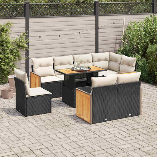 9-tlg. Garten-Sofagarnitur mit Kissen Schwarz Poly Rattan