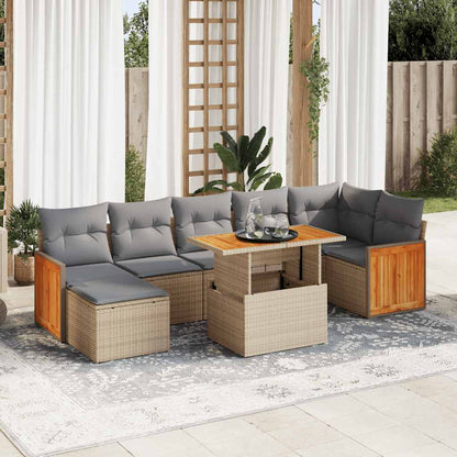 7-tlg. Garten-Sofagarnitur mit Kissen Beige Poly Rattan Akazie