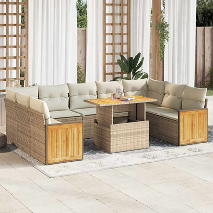 10-tlg. Garten-Sofagarnitur mit Kissen Beige Poly Rattan Akazie