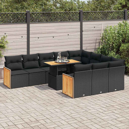 11-tlg. Garten-Sofagarnitur mit Kissen Schwarz Poly Rattan