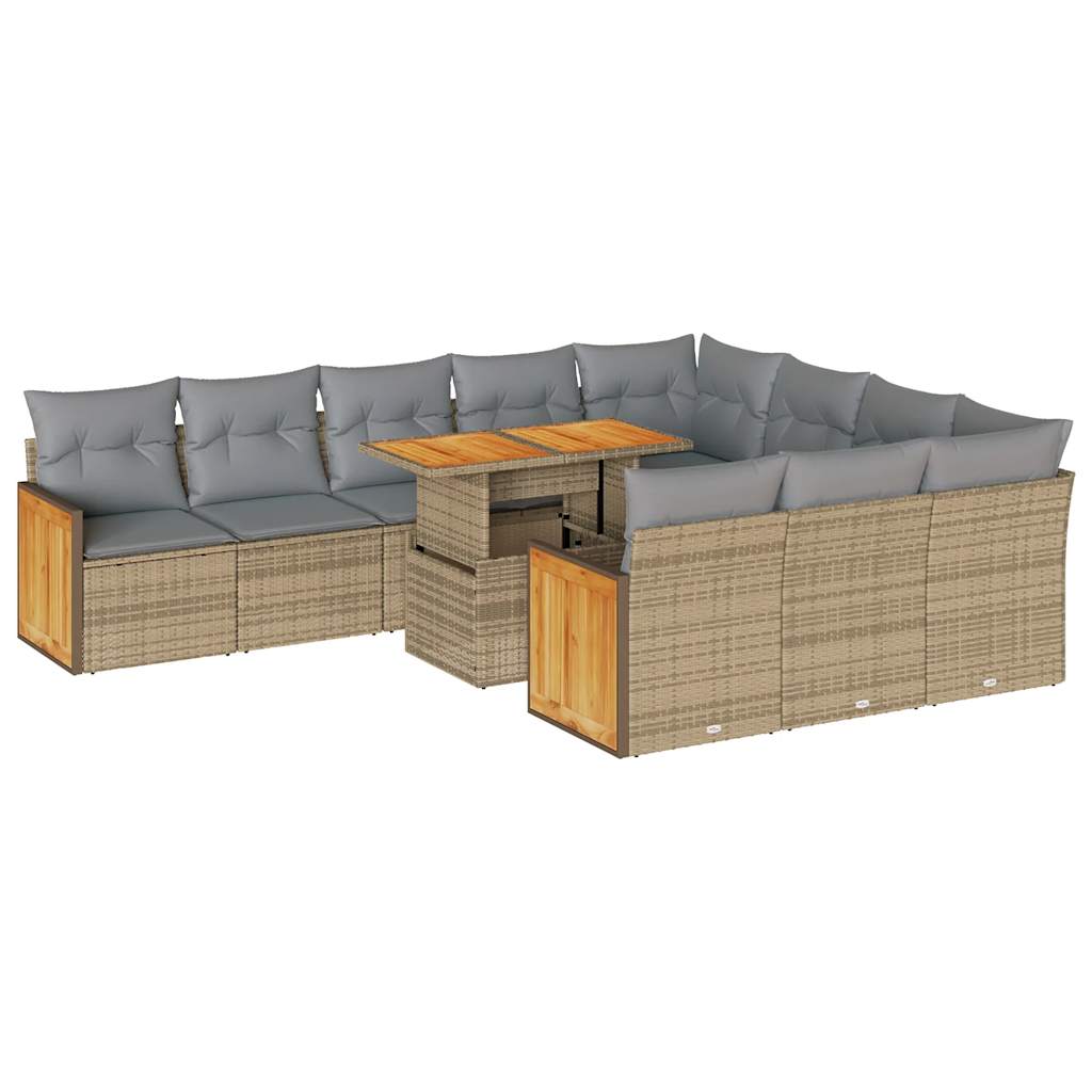 11-tlg. Garten-Sofagarnitur mit Kissen Beige Poly Rattan Akazie