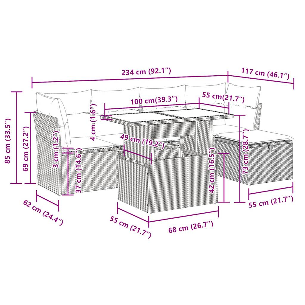 6-tlg. Garten-Sofagarnitur mit Kissen Grau Poly Rattan