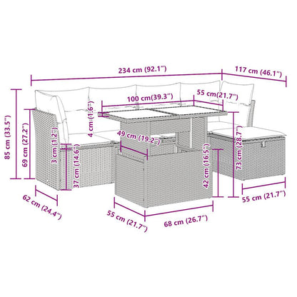 6-tlg. Garten-Sofagarnitur mit Kissen Hellgrau Poly Rattan