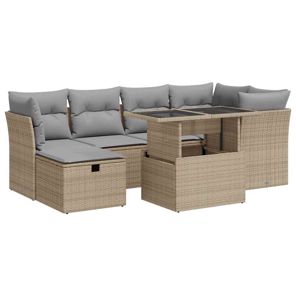 7-tlg. Garten-Sofagarnitur mit Kissen Beige Poly Rattan