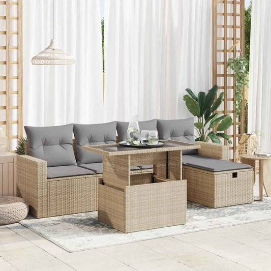 6-tlg. Garten-Sofagarnitur mit Kissen Beige Poly Rattan