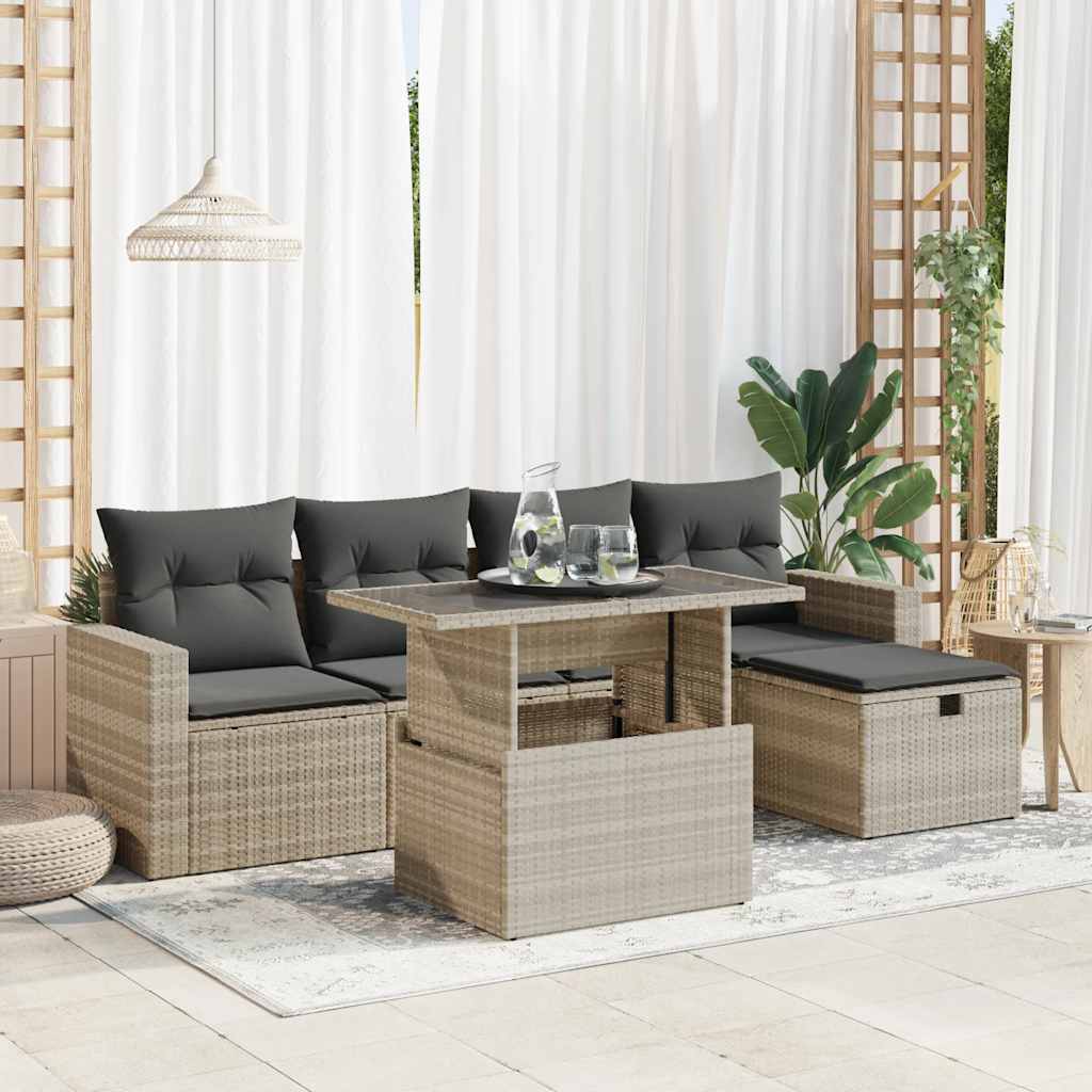 6-tlg. Garten-Sofagarnitur mit Kissen Hellgrau Poly Rattan