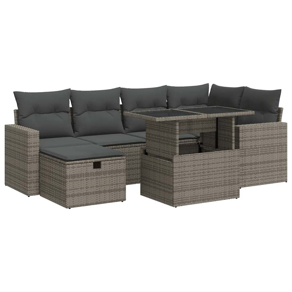 7-tlg. Garten-Sofagarnitur mit Kissen Grau Poly Rattan