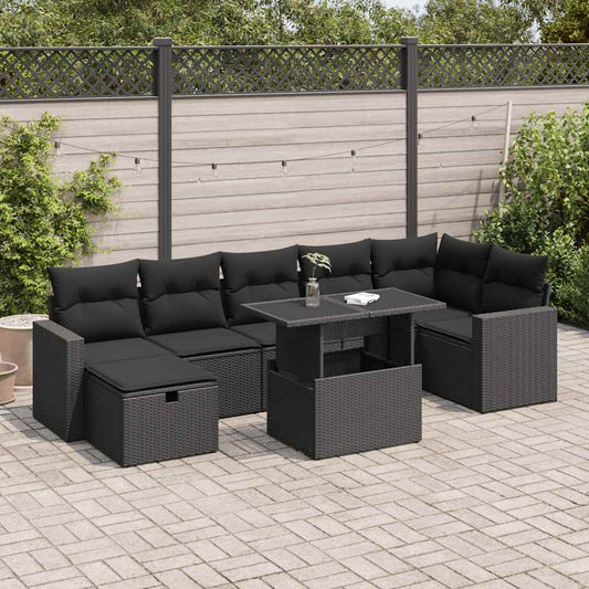 8-tlg. Garten-Sofagarnitur mit Kissen Schwarz Poly Rattan