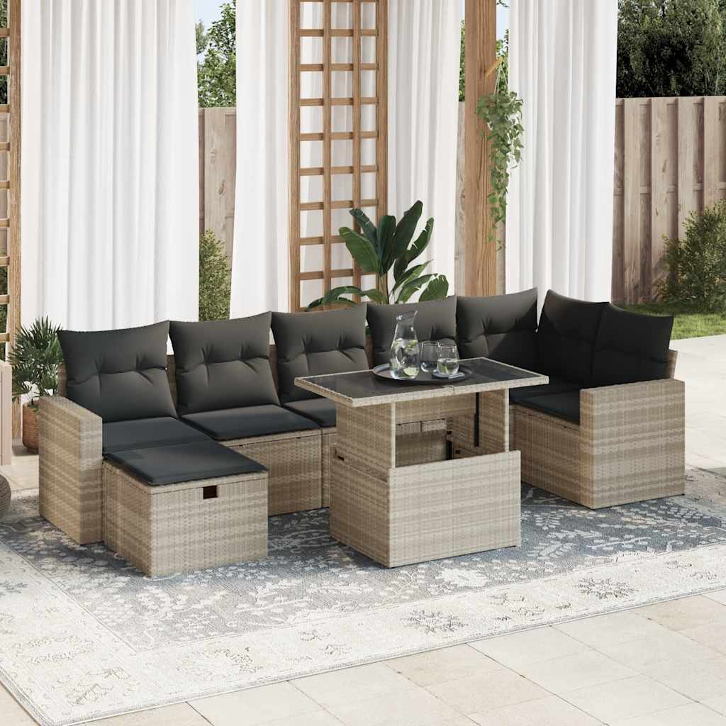 8-tlg. Garten-Sofagarnitur mit Kissen Hellgrau Poly Rattan