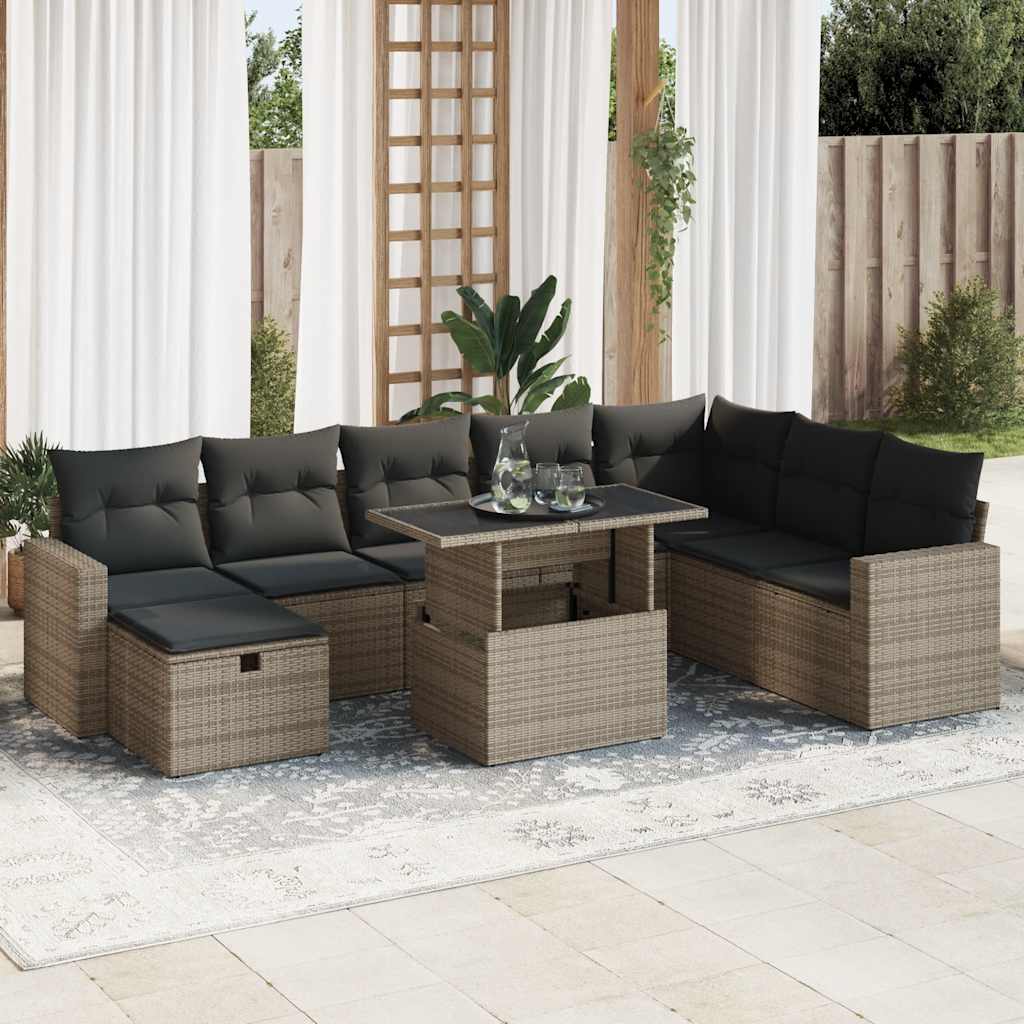 9-tlg. Garten-Sofagarnitur mit Kissen Grau Poly Rattan