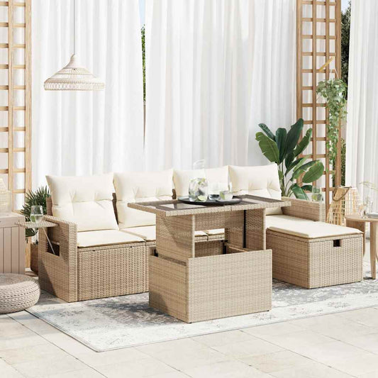 6-tlg. Garten-Sofagarnitur mit Kissen Beige Poly Rattan