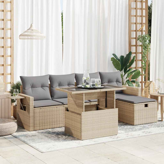 6-tlg. Garten-Sofagarnitur mit Kissen Beige Poly Rattan