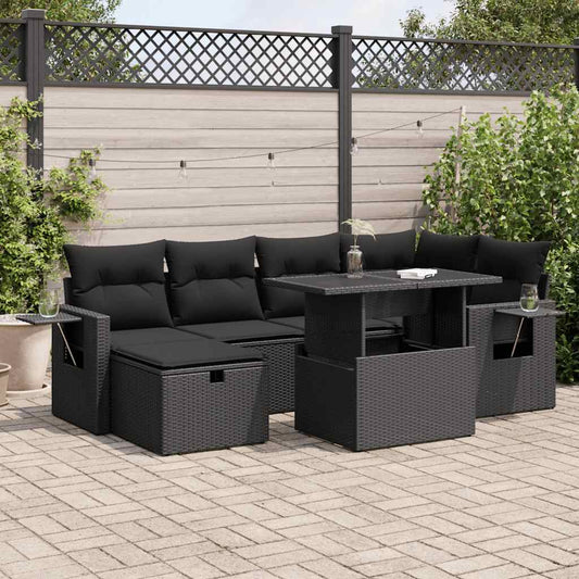 7-tlg. Garten-Sofagarnitur mit Kissen Schwarz Poly Rattan