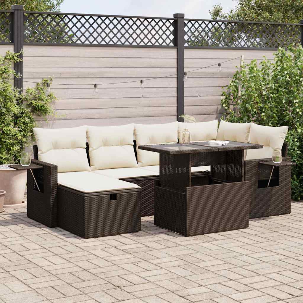 7-tlg. Garten-Sofagarnitur mit Kissen Braun Poly Rattan