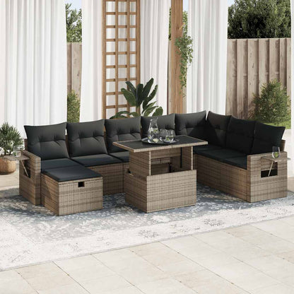 9-tlg. Garten-Sofagarnitur mit Kissen Grau Poly Rattan