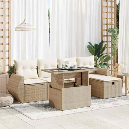 6-tlg. Garten-Sofagarnitur mit Kissen Beige Poly Rattan