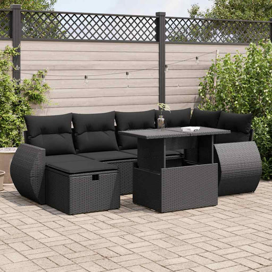 7-tlg. Garten-Sofagarnitur mit Kissen Schwarz Poly Rattan