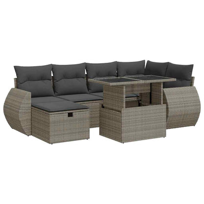 7-tlg. Garten-Sofagarnitur mit Kissen Grau Poly Rattan