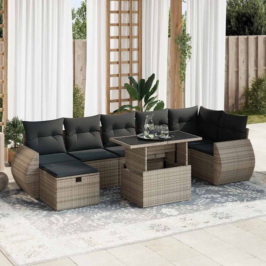 8-tlg. Garten-Sofagarnitur mit Kissen Grau Poly Rattan