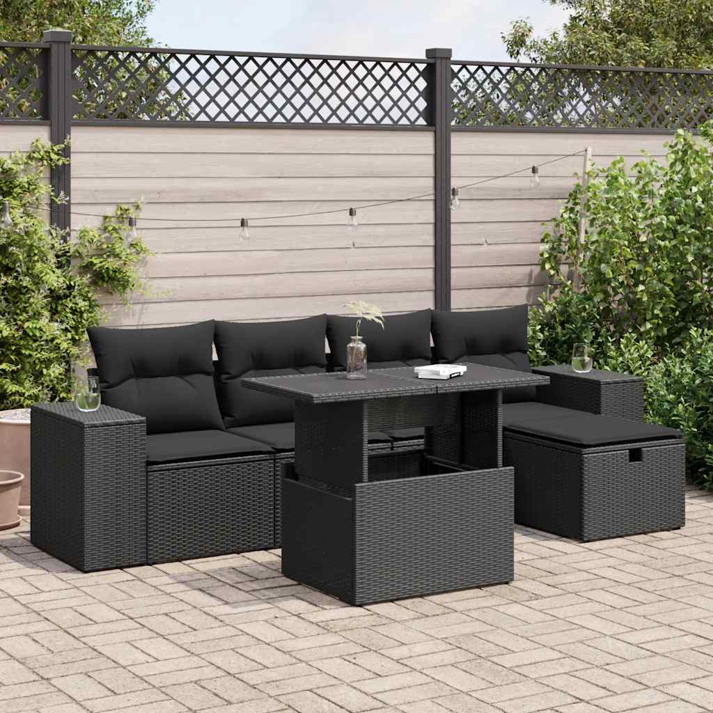 6-tlg. Garten-Sofagarnitur mit Kissen Schwarz Poly Rattan