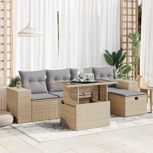 6-tlg. Garten-Sofagarnitur mit Kissen Beige Poly Rattan