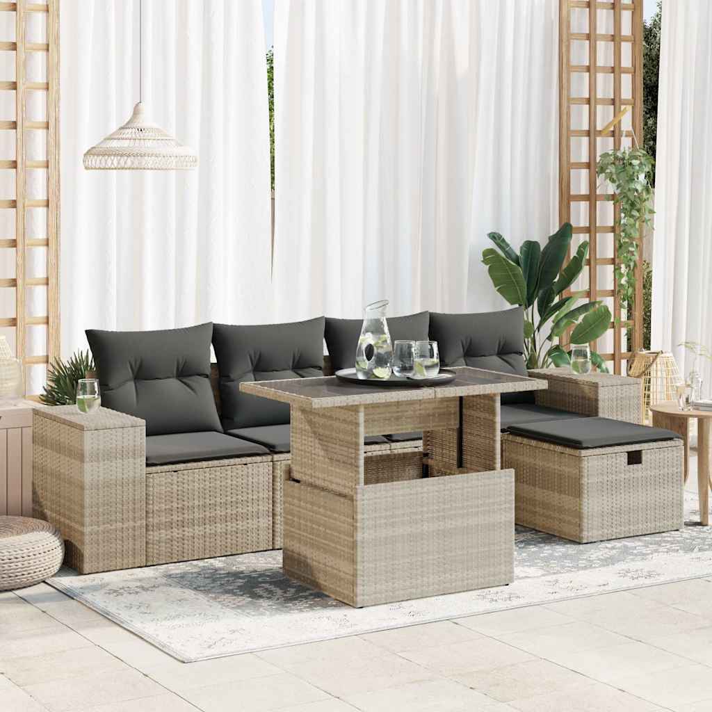 6-tlg. Garten-Sofagarnitur mit Kissen Hellgrau Poly Rattan