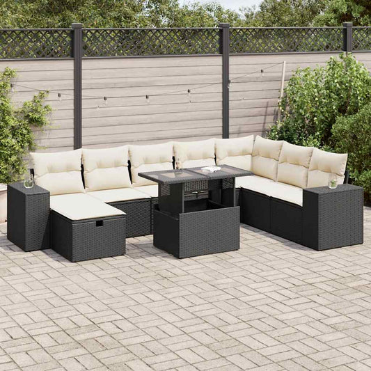 9-tlg. Garten-Sofagarnitur mit Kissen Schwarz Poly Rattan