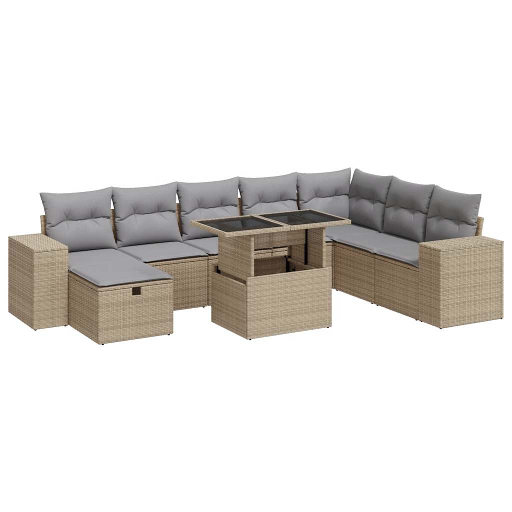 9-tlg. Garten-Sofagarnitur mit Kissen Beige Poly Rattan