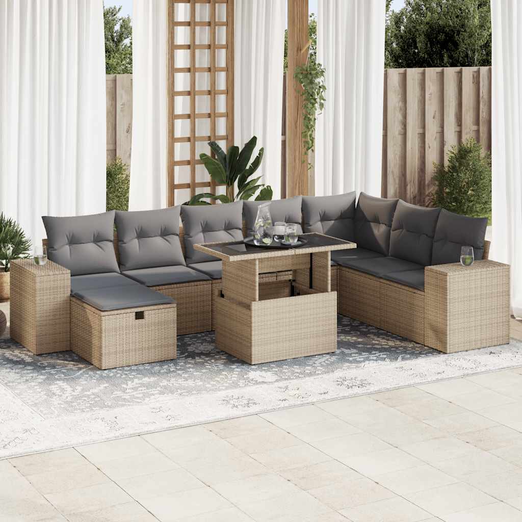 9-tlg. Garten-Sofagarnitur mit Kissen Beige Poly Rattan