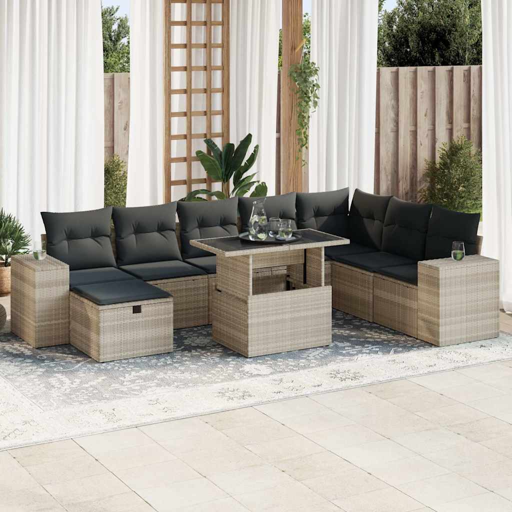 9-tlg. Garten-Sofagarnitur mit Kissen Hellgrau Poly Rattan